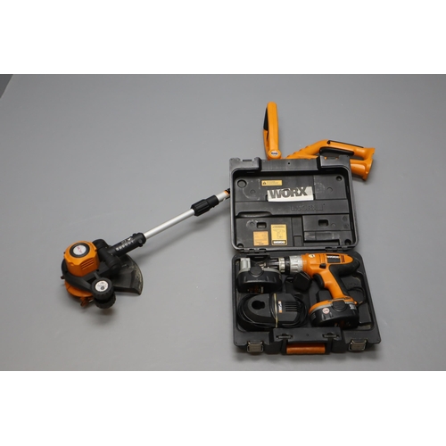 606 - Worx Cordless Drill with two batteries, Charger and a Cordless Strimmer (Working)