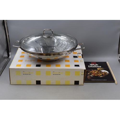 676 - Schulte-Ufer eco line Stainless Steel Wok with Lid with Paperwork, Cookbook and Box (14