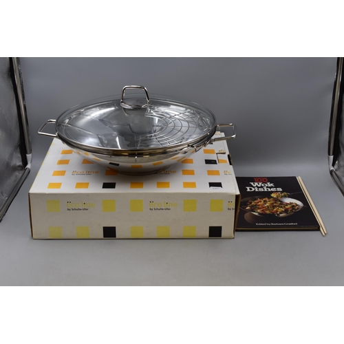 676 - Schulte-Ufer eco line Stainless Steel Wok with Lid with Paperwork, Cookbook and Box (14