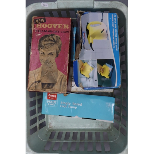 727 - Mixed Lot of Boxed items to include Foot Pumps, Hand Steam Cleaner and Vintage Hoover Iron all in a ... 