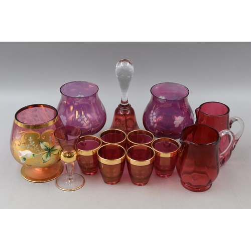 686 - Mixed Lot of Vintage Hand Blown Cranberry Glass Ware to include Glasses, Jugs and Bell