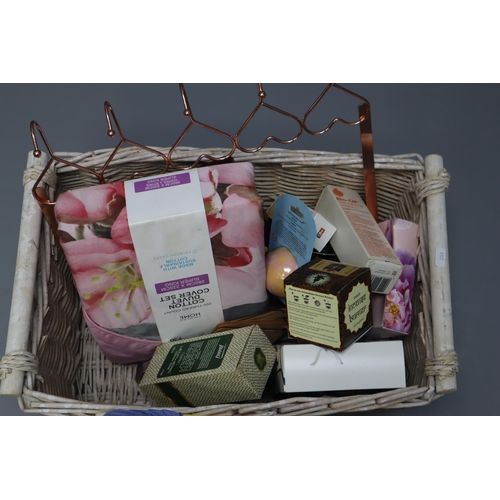 746 - Basket of Mixed Lot Including 2 Packs of Bed sheets, Bath Bombs and More