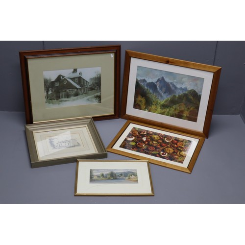 754 - A Selection of Five Framed and Glazed Artpieces. Includes Original Pencil Drawing, Original Watercol... 