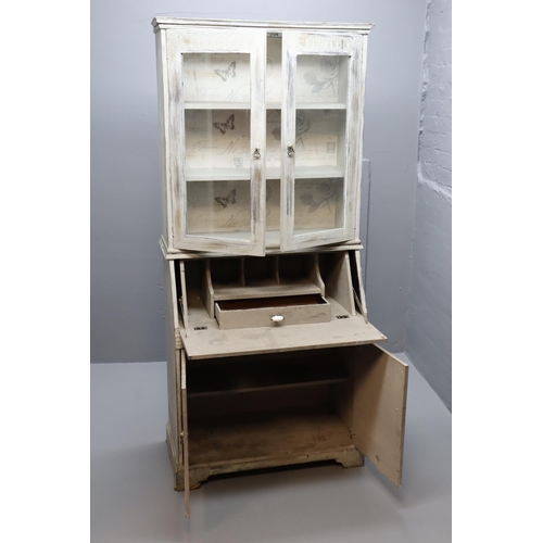 574 - Large Two Piece Distressed Writing Bureau/ Book Display Unit with Glazed Doors and Perisian papered ... 