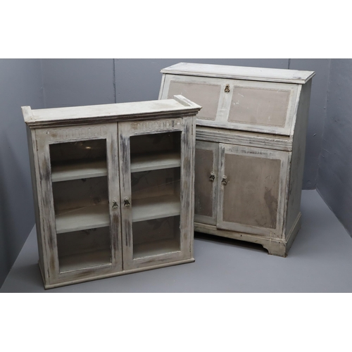 574 - Large Two Piece Distressed Writing Bureau/ Book Display Unit with Glazed Doors and Perisian papered ... 
