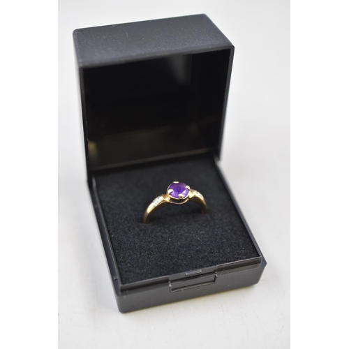 14 - Hallmarked Birmingham 375 (9ct) Gold Amethyst Stoned Ring (Size N) Complete with Presentation Box