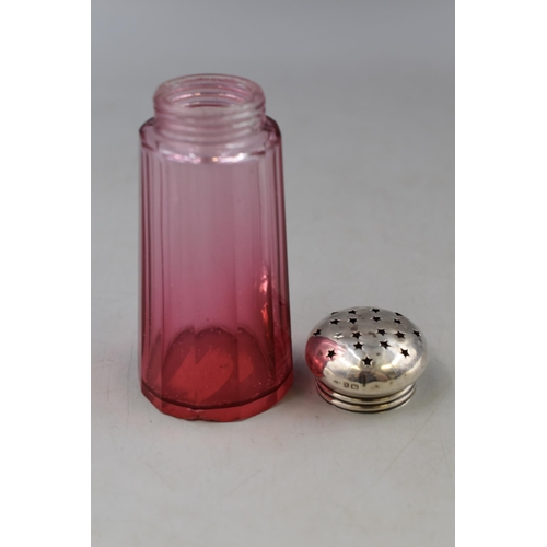 26 - A Hallmarked Birmingham Silver Topped Cranberry Glass Sugar Shaker, Circa 1910. AF