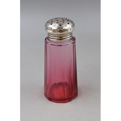 26 - A Hallmarked Birmingham Silver Topped Cranberry Glass Sugar Shaker, Circa 1910. AF