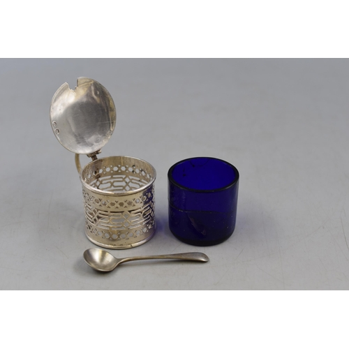 33 - Hallmarked Birmingham 1896 Silver Mustard pot with Cobalt Blue Liner and Spoon