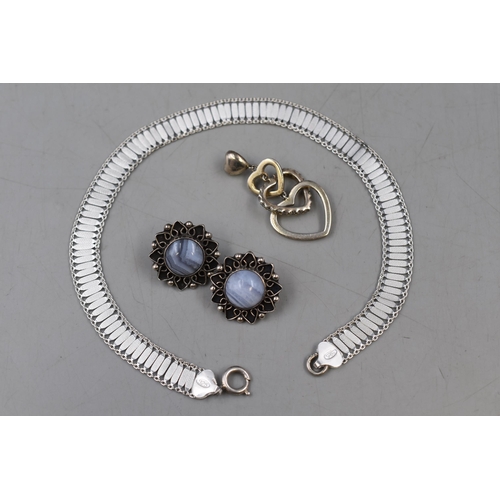 85 - Silver 925 Bracelet, Earring Set and Heart Pendant