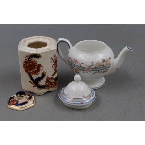 92 - Two Ceramic Miniatures. Includes Mason's Mandalay Lidded Pot, and Coalport Teapot