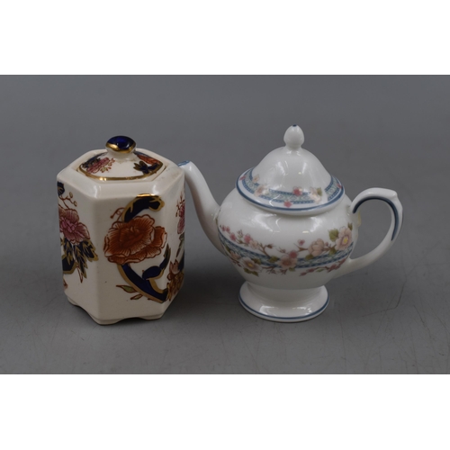 92 - Two Ceramic Miniatures. Includes Mason's Mandalay Lidded Pot, and Coalport Teapot