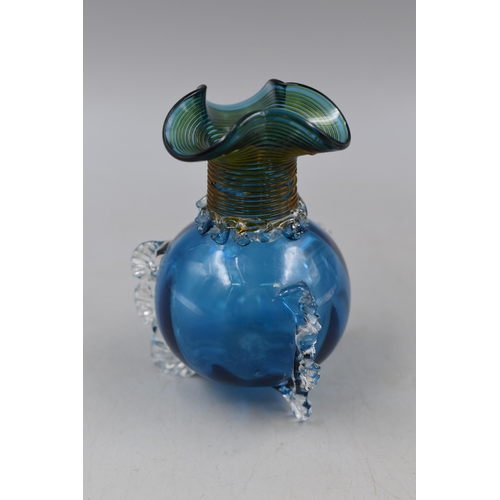 93 - A Victorian Blue Glass Ruffled Vase on Three Clear Glass Feet, Approx 4.5