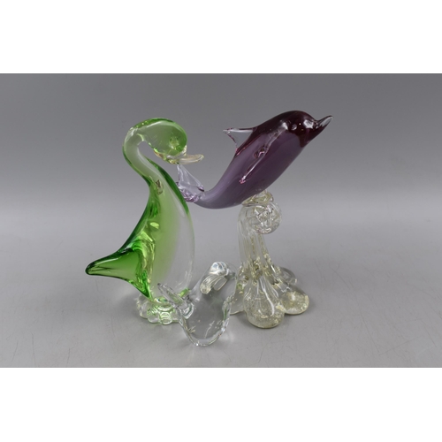 101 - Three Animal Themed Glass Paperweights, Includes Wedgwood Bird, Green Glass Duck and Dolphin.