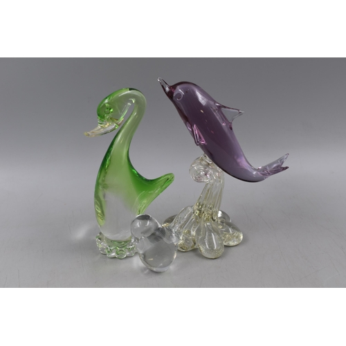 101 - Three Animal Themed Glass Paperweights, Includes Wedgwood Bird, Green Glass Duck and Dolphin.