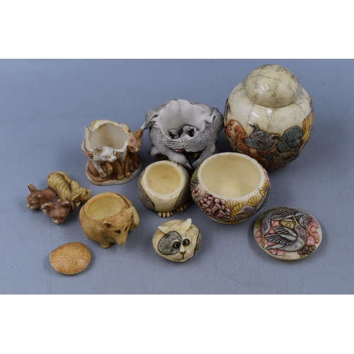 167 - Selection of 6 Novelty Trinket Jars including Jardinia, Harmony, Kingdom, Pot Bellies and Moxie