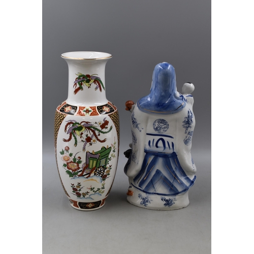 177 - Blue & White Figure of Chinese God Shou Lao and a Hand Painted Chinese Vase (12