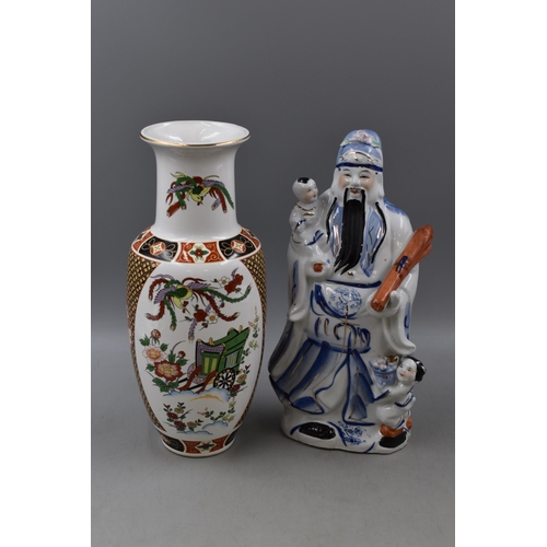 177 - Blue & White Figure of Chinese God Shou Lao and a Hand Painted Chinese Vase (12