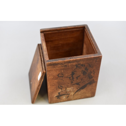 280 - Vintage wooden tea caddy with Buckfast Abbey Spoon and a selection of thimbles in Display