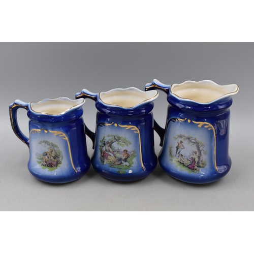 294 - Set of Three Graduating Blue and White Pottery Water jugs Depicting Romantic Lovers Scenes largest 7... 