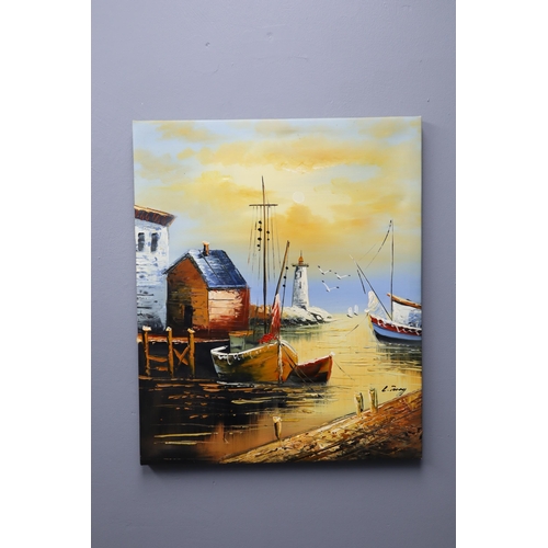 304 - Original Signed Oil on Canvass of Harbour Lighthouse Scene (23