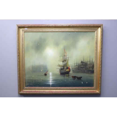 309 - A Framed Barry Hilton Oil on Canvas Depicting Galleon in Moonlight, Approx 29.5