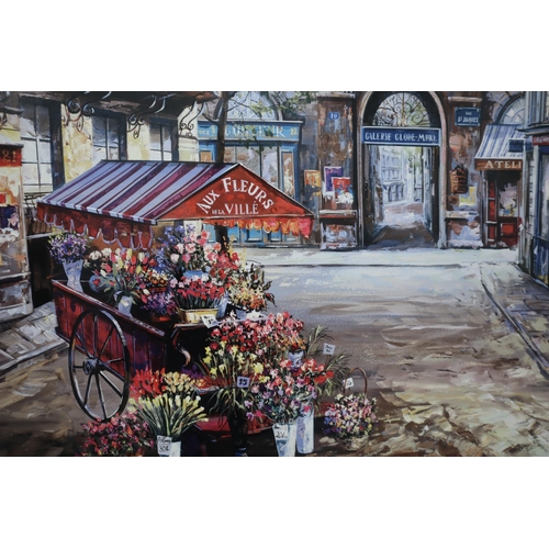 312 - A Framed and Glazed Print Titled 'Fleurs De La Ville ', Depicts French Town Scene. Approx 34.5