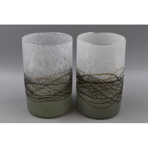 318 - Pair of Whitefriars Green and White Cylinder Vases. Approx. 8”