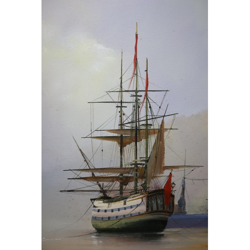 353 - A Framed Barry Hilton Oil on Canvas Sunset Harbour Scene With Galleon, Signed By Artist. Approx 29.5... 