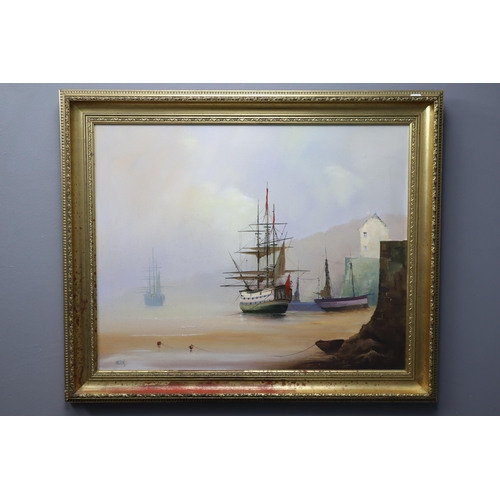 353 - A Framed Barry Hilton Oil on Canvas Sunset Harbour Scene With Galleon, Signed By Artist. Approx 29.5... 