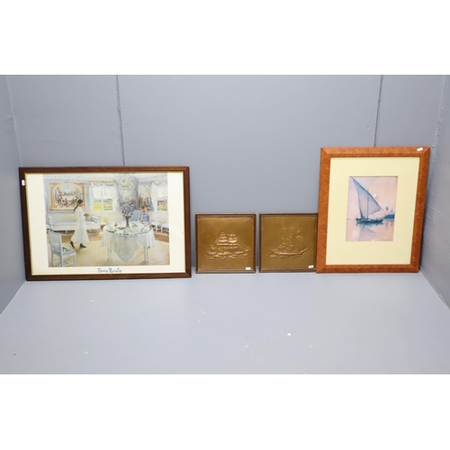 360 - Two copper relief Ship Pictures in Framed mount, and two framed prints including Fanny Brate