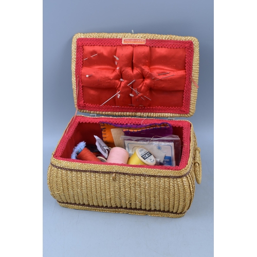 383 - Vintage rattan Sewing box complete with contents