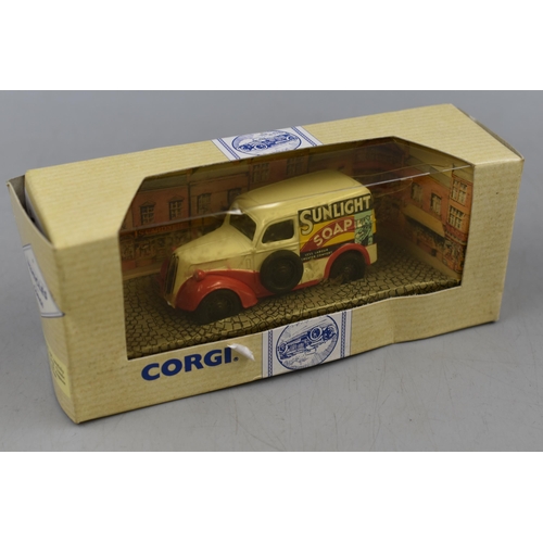 388 - Six Boxed Corgi Die-Cast Vehicles including Box Van, Commonwealth Games Taxi, Sunlight Soap, and Mor... 