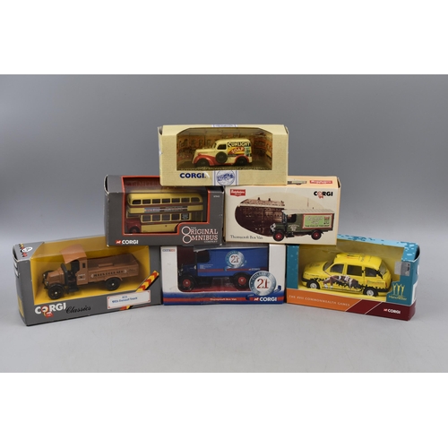 388 - Six Boxed Corgi Die-Cast Vehicles including Box Van, Commonwealth Games Taxi, Sunlight Soap, and Mor... 