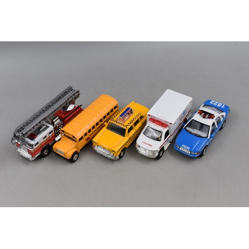 390 - A Selection of Five Die Cast American Service Vehicles, All Pull Back.