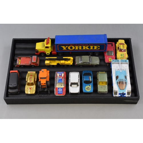 408 - Mixed tray of Vintage play Worn vehicles to include Yorkie Truck, and others