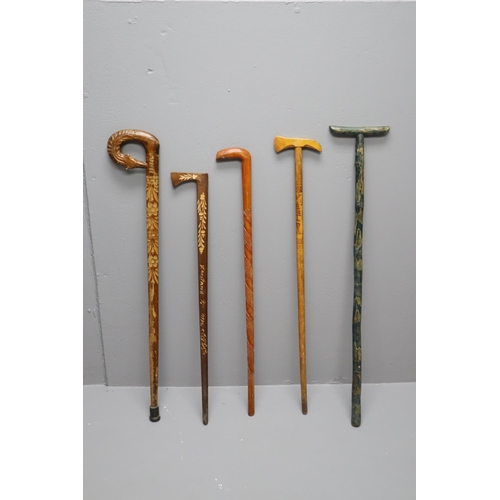 538 - Selection of 5 Hand Carved Polish Walking Sticks (longest 3ft)