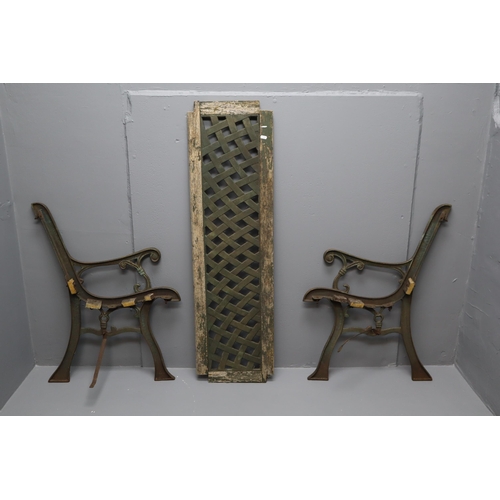 545 - A Pair of Vintage Cast Iron Garden Bench Ends, With Back. Ends Are Approx 31.5