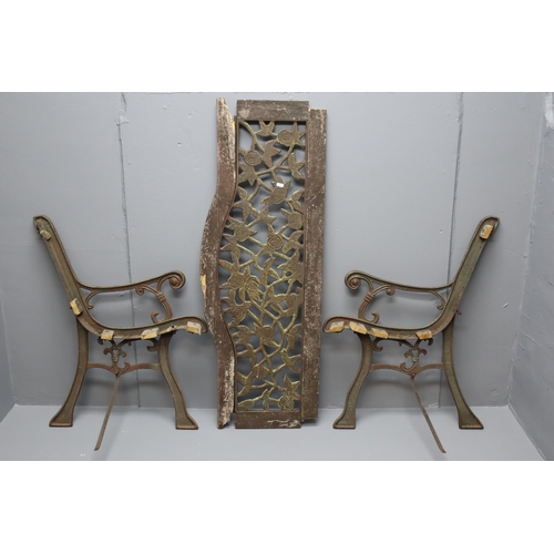 565 - A Pair of Vintage Cast Iron Garden Bench Ends, With Back. Ends Are Approx 31.5