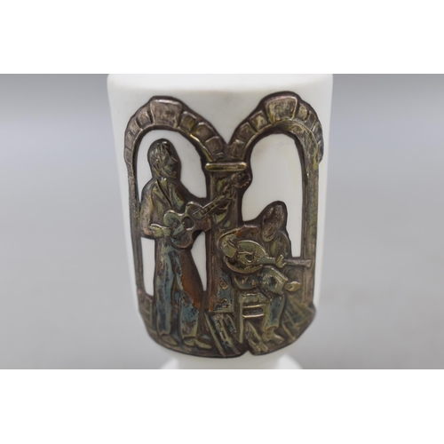 1 - A Silver Mounted White Porcelain Vase Depicting Two Musicians, Marked '1000'. Approx 7