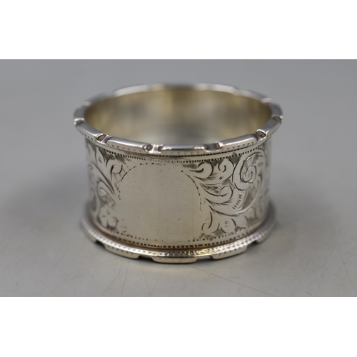 8 - Silver Hallmarked Napkin Ring with Etched Floral Pattern. Approx 4cm Dia