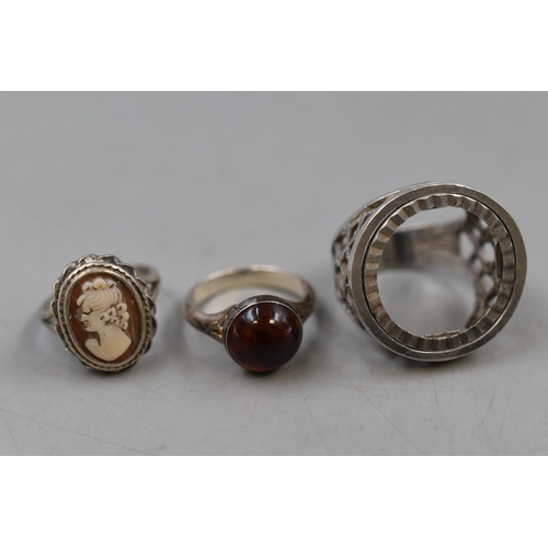 14 - Selection of 3 Silver Rings including Cameo