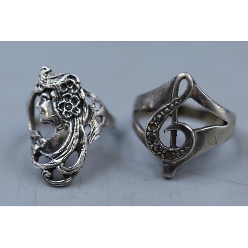 16 - Two Silver 925 Rings including Art Nouveau Style and Musical Note (Size O & J)