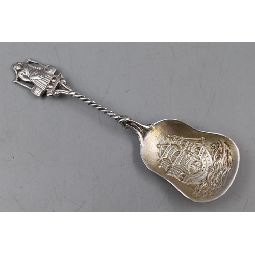 29 - Dutch Silver 800 Hallmarked Souvenir Spoon Depicting Ship Scene and Lady with Water Buckets