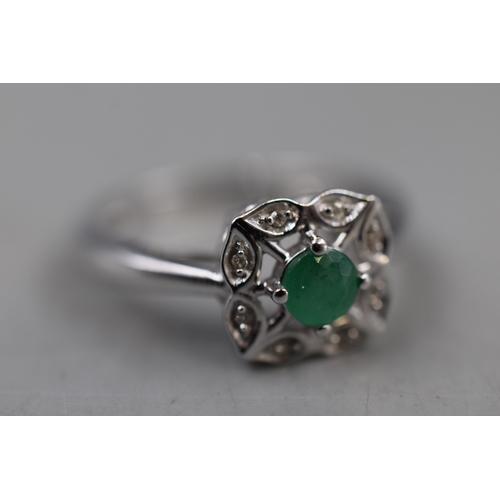 37 - A 925. Silver Green And Diamond Stoned Ring, Size M.