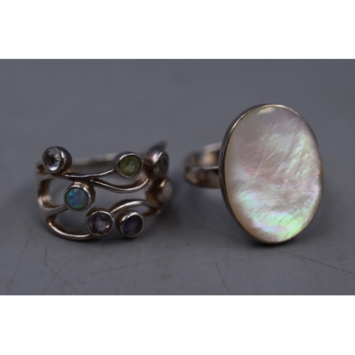 38 - Two 925 Silver Rings, Includes Mother of Pearl and Multi-Stoned. Sizes O/P And M.