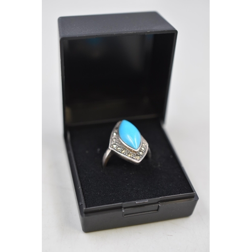 44 - Silver 925 Marcasite and Turquoise Stoned Ring (Size N) Complete with Presentation Box