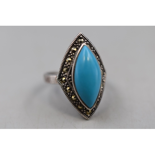 44 - Silver 925 Marcasite and Turquoise Stoned Ring (Size N) Complete with Presentation Box