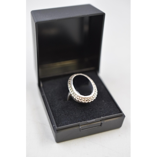 46 - Silver 925 Marcasite and Black Stoned Ring (Size L) Complete with Presentation Box