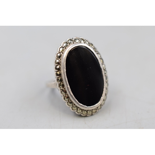 46 - Silver 925 Marcasite and Black Stoned Ring (Size L) Complete with Presentation Box